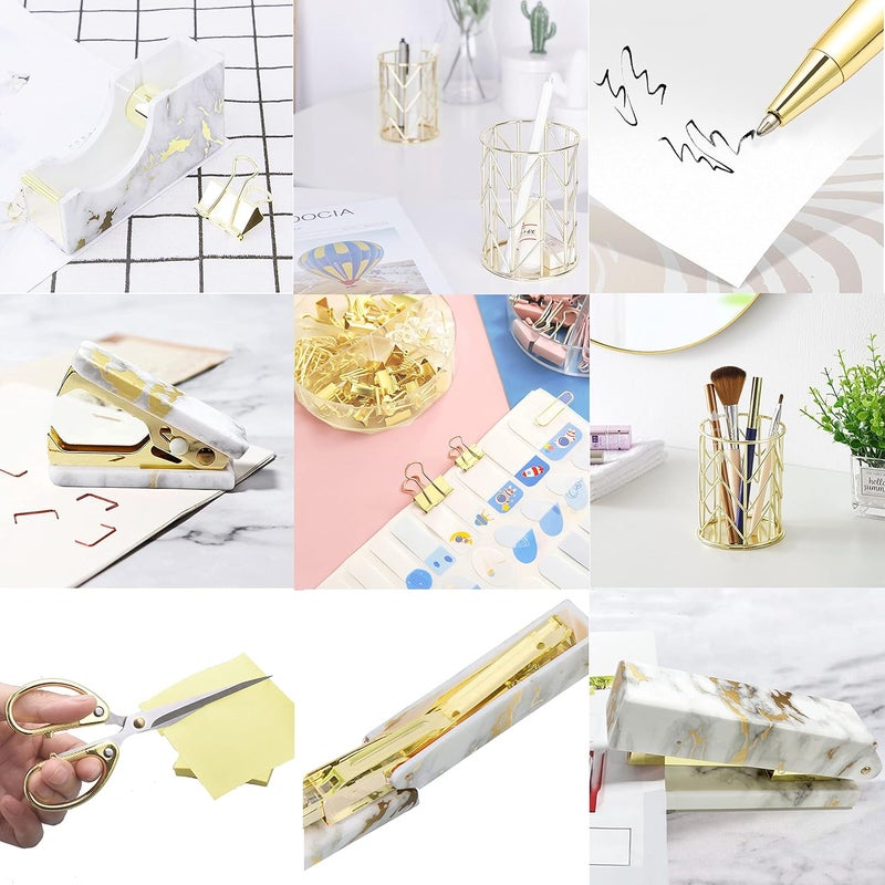 Famassi Gold Marble Desk Accessories, Office Supplies Set Stapler Set Staple Remover, Tape Holder, Pen Holder, 2 Ballpoint Pen, Scissor, Binder Clips, Paper Clips and 1000pcs Staples. - Image 5